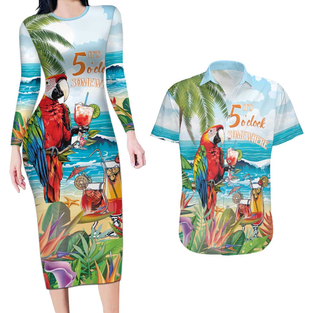 Aloha Hawaii Christmas Couples Matching Long Sleeve Bodycon Dress and Hawaiian Shirt It's 5 o'clock Somewhere LT7 - Wonder Print Shop