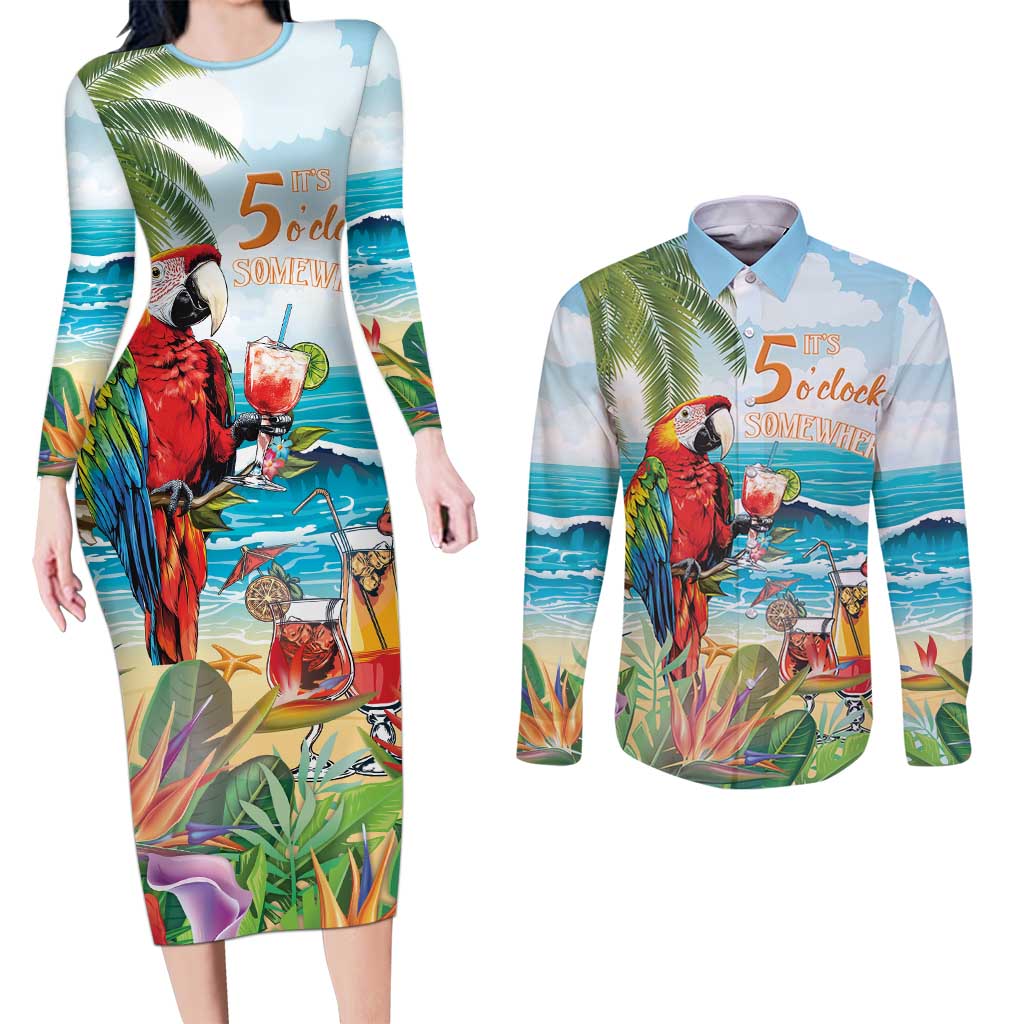Aloha Hawaii Christmas Couples Matching Long Sleeve Bodycon Dress and Long Sleeve Button Shirt It's 5 o'clock Somewhere LT7 - Wonder Print Shop