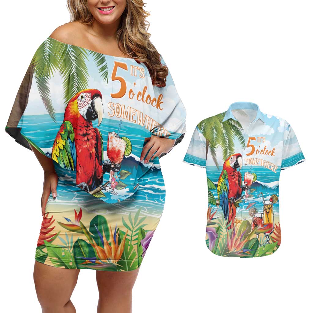 Aloha Hawaii Christmas Couples Matching Off Shoulder Short Dress and Hawaiian Shirt It's 5 o'clock Somewhere LT7 - Wonder Print Shop