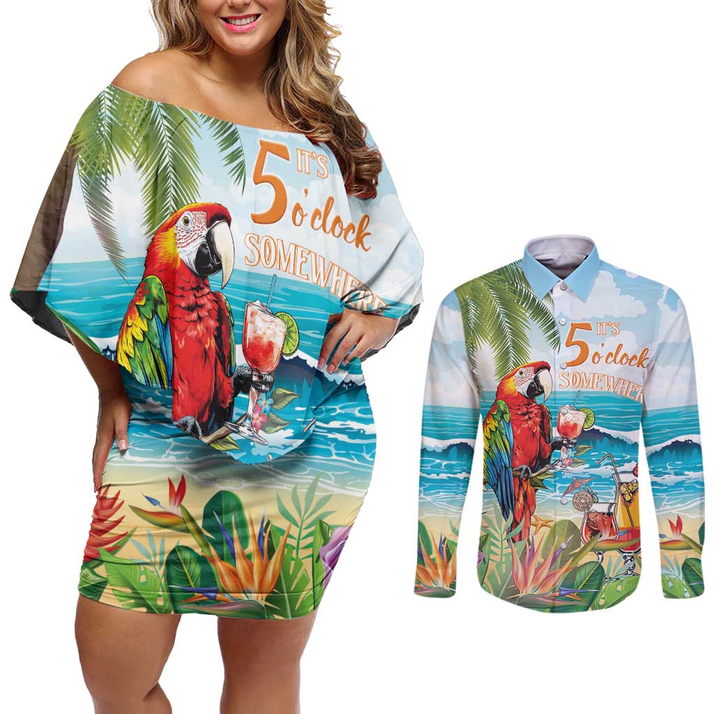 Aloha Hawaii Christmas Couples Matching Off Shoulder Short Dress and Long Sleeve Button Shirt It's 5 o'clock Somewhere LT7 - Wonder Print Shop