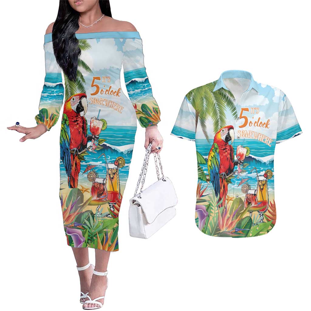 Aloha Hawaii Christmas Couples Matching Off The Shoulder Long Sleeve Dress and Hawaiian Shirt It's 5 o'clock Somewhere LT7 - Wonder Print Shop
