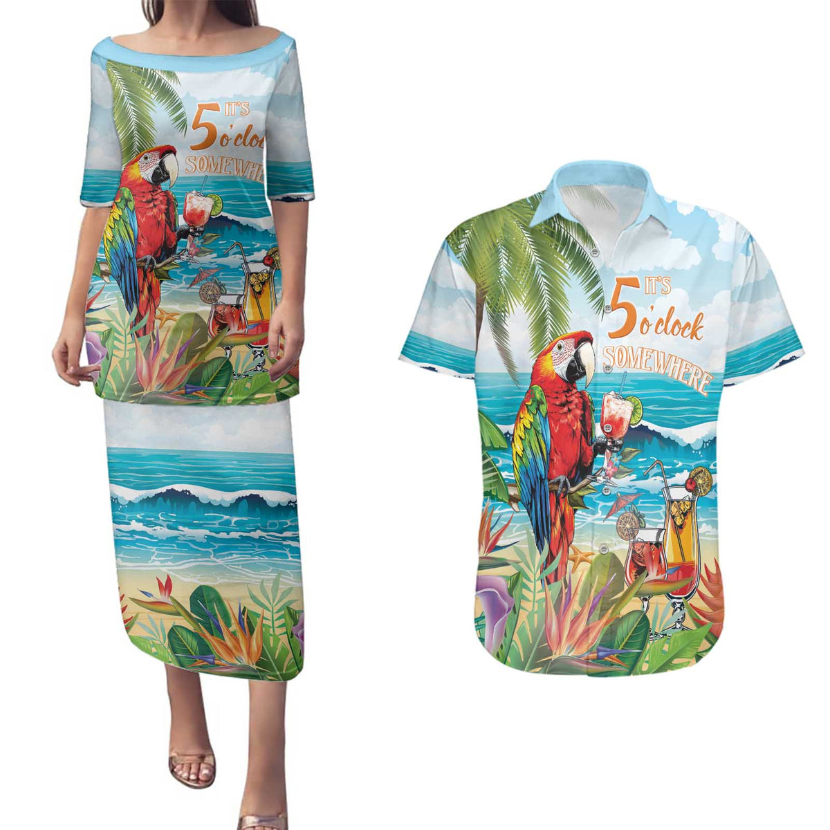 Aloha Hawaii Christmas Couples Matching Puletasi and Hawaiian Shirt It's 5 o'clock Somewhere LT7 - Wonder Print Shop