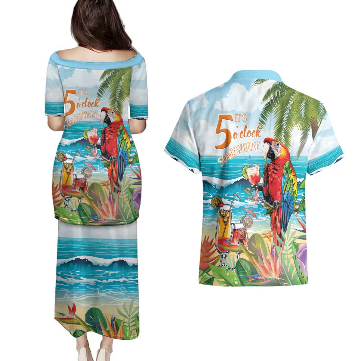 Aloha Hawaii Christmas Couples Matching Puletasi and Hawaiian Shirt It's 5 o'clock Somewhere LT7 - Wonder Print Shop