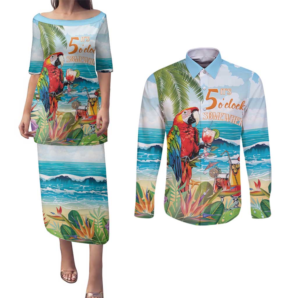 Aloha Hawaii Christmas Couples Matching Puletasi and Long Sleeve Button Shirt It's 5 o'clock Somewhere LT7 - Wonder Print Shop