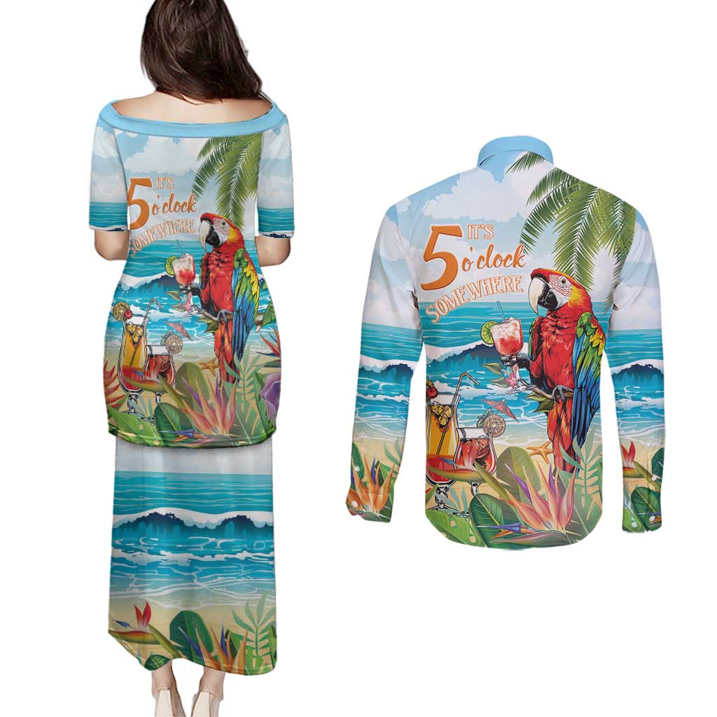 Aloha Hawaii Christmas Couples Matching Puletasi and Long Sleeve Button Shirt It's 5 o'clock Somewhere LT7 - Wonder Print Shop
