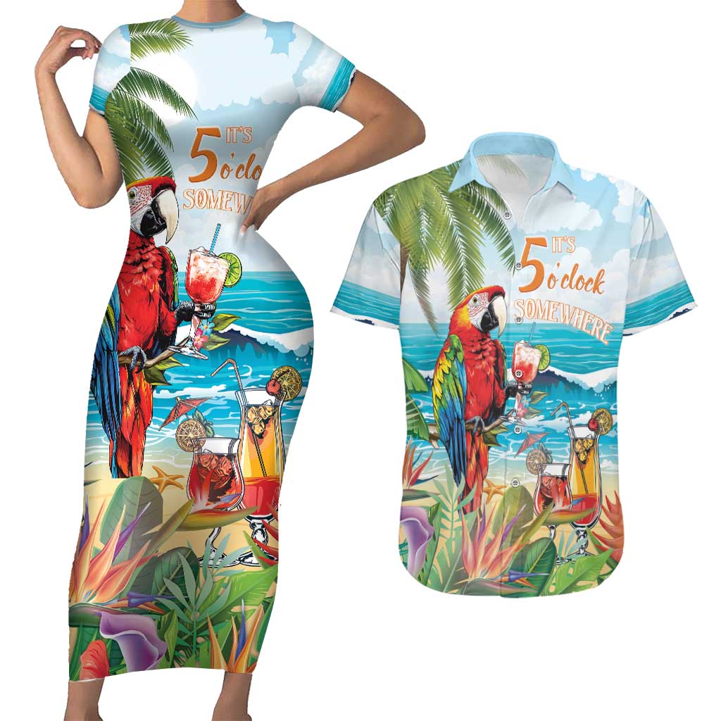 Aloha Hawaii Christmas Couples Matching Short Sleeve Bodycon Dress and Hawaiian Shirt It's 5 o'clock Somewhere LT7 - Wonder Print Shop