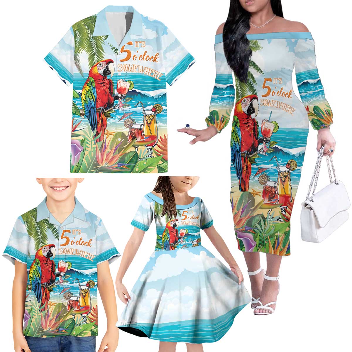 Aloha Hawaii Christmas Family Matching Off The Shoulder Long Sleeve Dress and Hawaiian Shirt It's 5 o'clock Somewhere - Wonder Print Shop