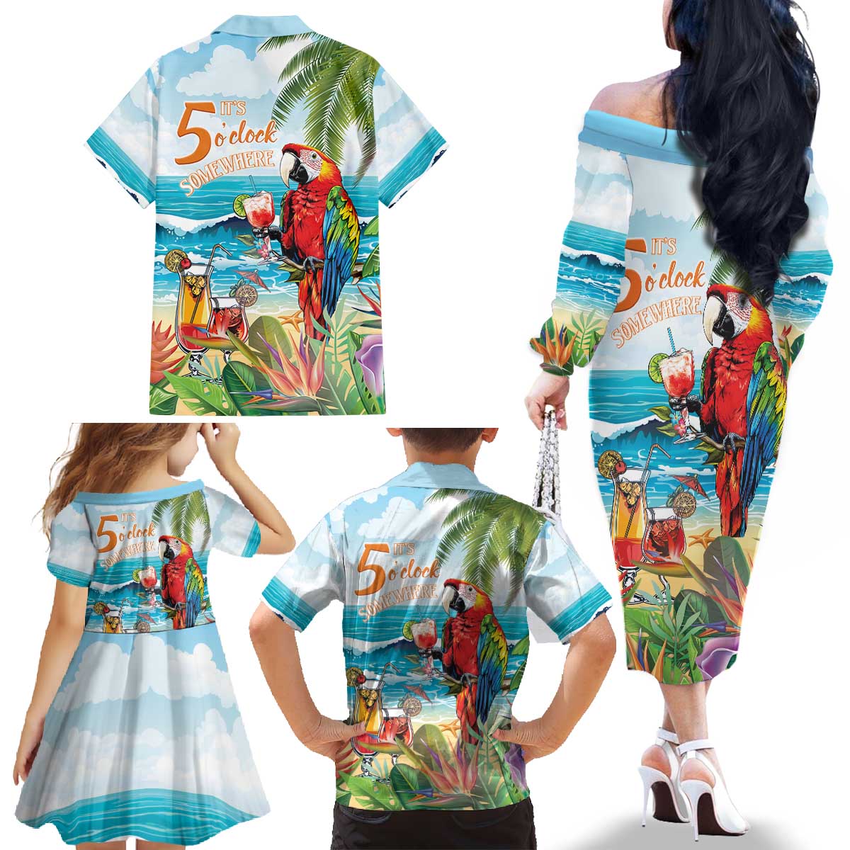 Aloha Hawaii Christmas Family Matching Off The Shoulder Long Sleeve Dress and Hawaiian Shirt It's 5 o'clock Somewhere - Wonder Print Shop