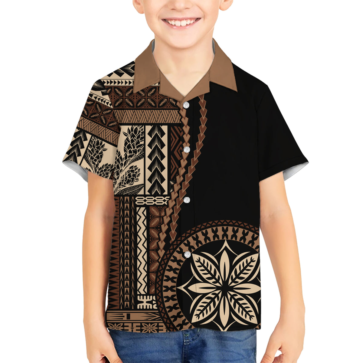 Samoa Siapo Motif Kid Hawaiian Shirt Classic Style - Black Ver02 - Wonder Print Shop
