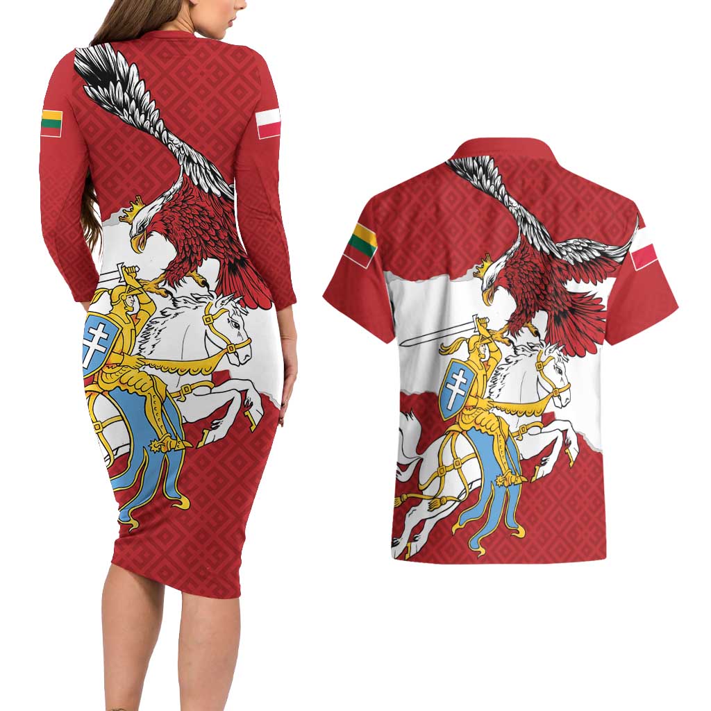 Poland-Lithuania Folk Patterns Couples Matching Long Sleeve Bodycon Dress and Hawaiian Shirt