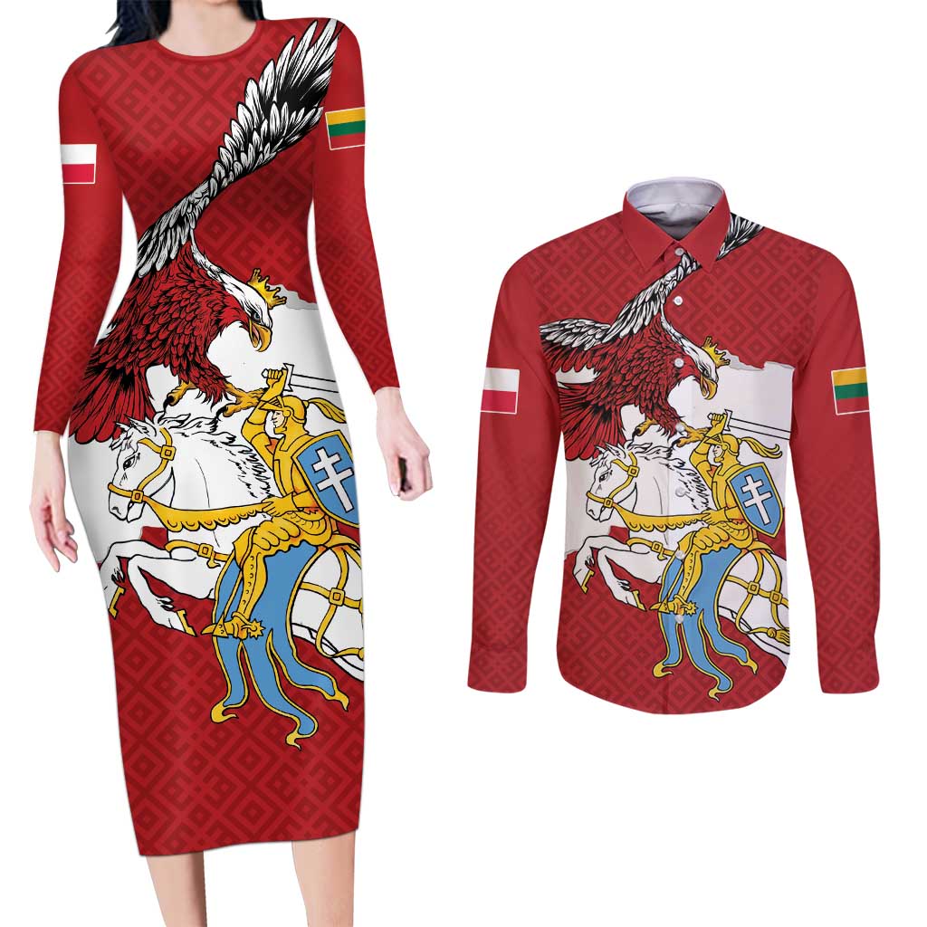 Poland-Lithuania Folk Patterns Couples Matching Long Sleeve Bodycon Dress and Long Sleeve Button Shirt