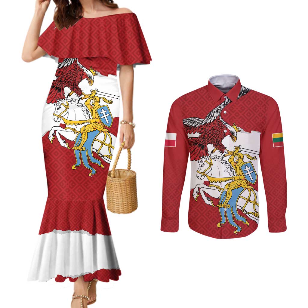 Poland-Lithuania Folk Patterns Couples Matching Mermaid Dress and Long Sleeve Button Shirt