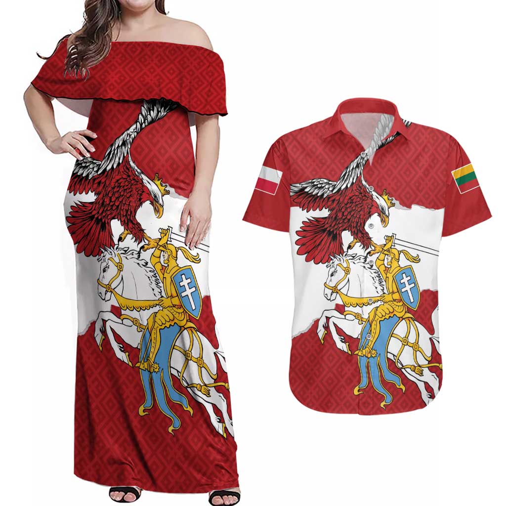 Poland-Lithuania Folk Patterns Couples Matching Off Shoulder Maxi Dress and Hawaiian Shirt