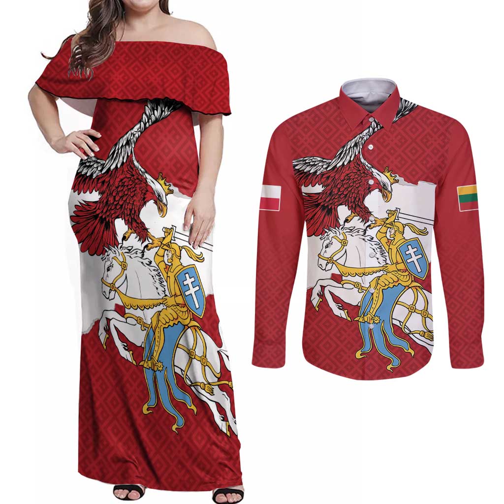 Poland-Lithuania Folk Patterns Couples Matching Off Shoulder Maxi Dress and Long Sleeve Button Shirt