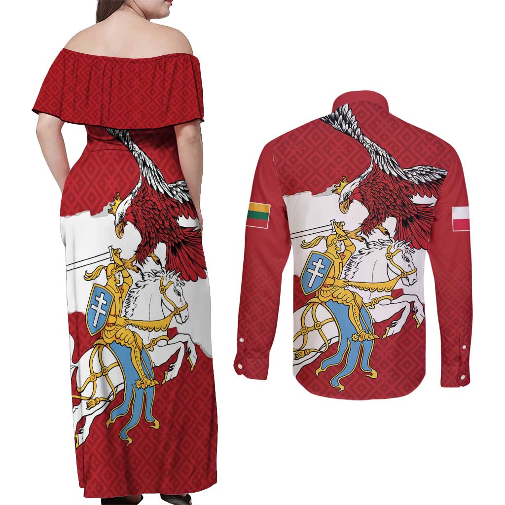 Poland-Lithuania Folk Patterns Couples Matching Off Shoulder Maxi Dress and Long Sleeve Button Shirt
