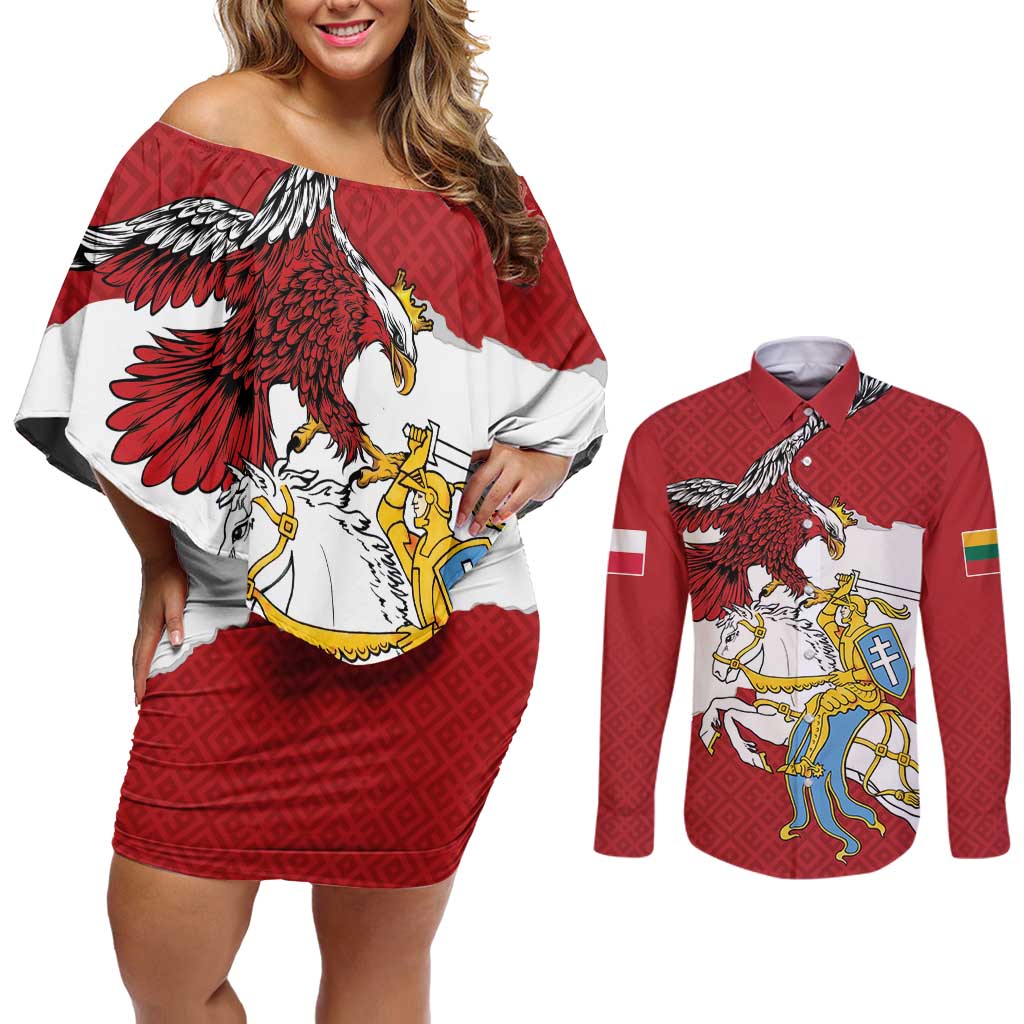 Poland-Lithuania Folk Patterns Couples Matching Off Shoulder Short Dress and Long Sleeve Button Shirt