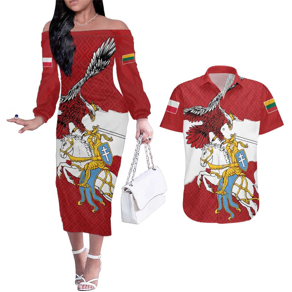 Poland-Lithuania Folk Patterns Couples Matching Off The Shoulder Long Sleeve Dress and Hawaiian Shirt