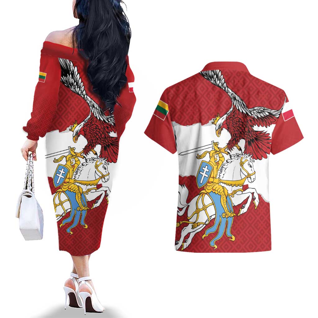 Poland-Lithuania Folk Patterns Couples Matching Off The Shoulder Long Sleeve Dress and Hawaiian Shirt