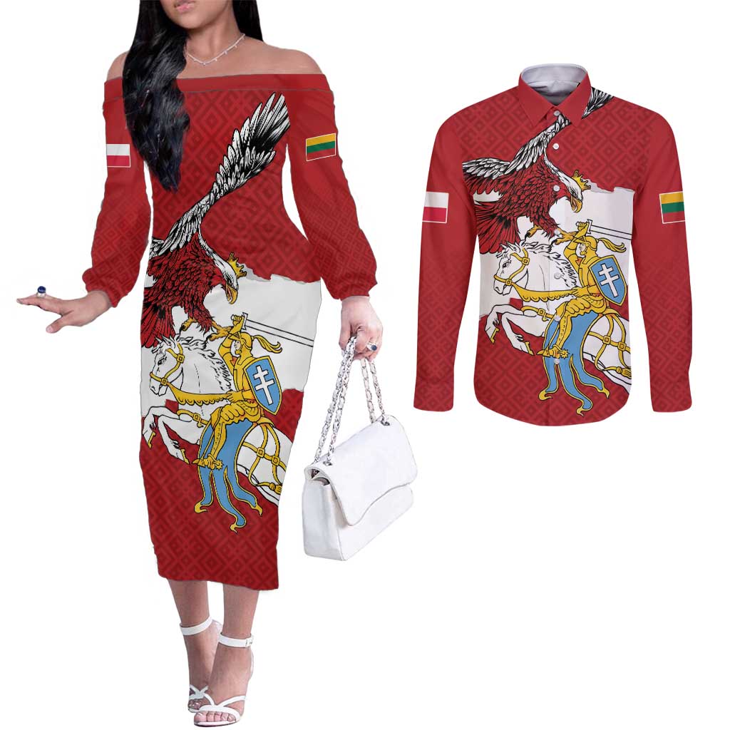 Poland-Lithuania Folk Patterns Couples Matching Off The Shoulder Long Sleeve Dress and Long Sleeve Button Shirt