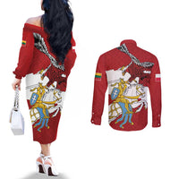 Poland-Lithuania Folk Patterns Couples Matching Off The Shoulder Long Sleeve Dress and Long Sleeve Button Shirt