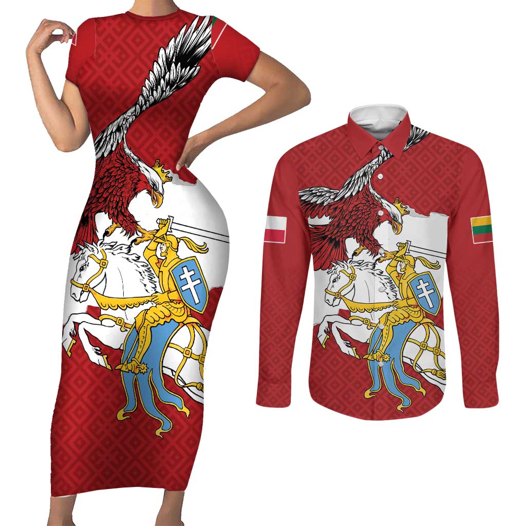 Poland-Lithuania Folk Patterns Couples Matching Short Sleeve Bodycon Dress and Long Sleeve Button Shirt