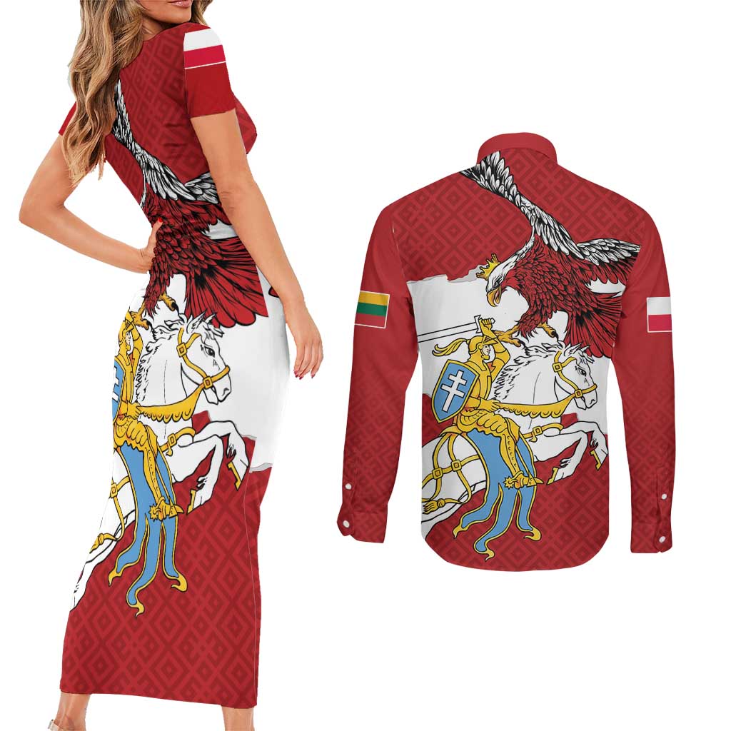 Poland-Lithuania Folk Patterns Couples Matching Short Sleeve Bodycon Dress and Long Sleeve Button Shirt