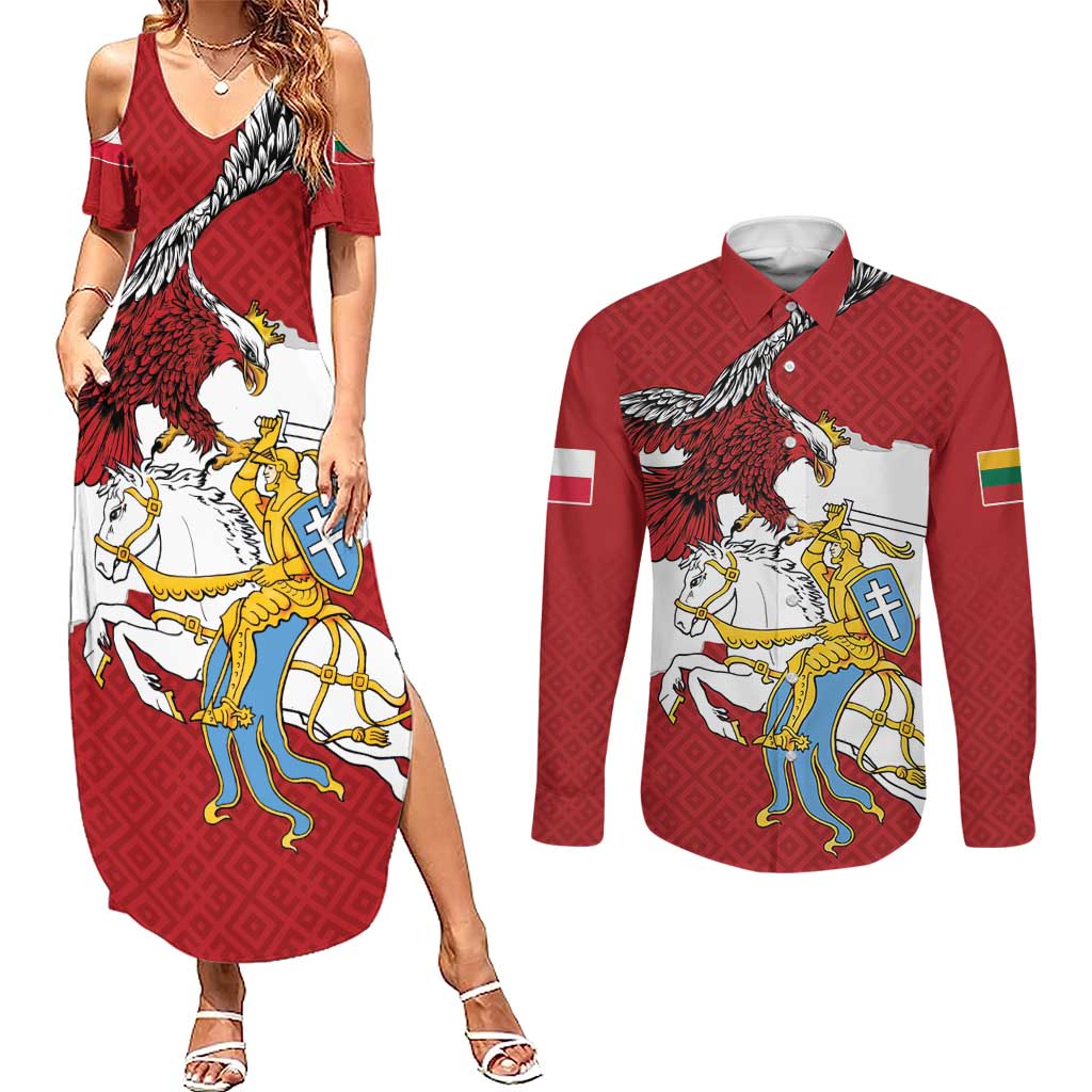 Poland-Lithuania Folk Patterns Couples Matching Summer Maxi Dress and Long Sleeve Button Shirt