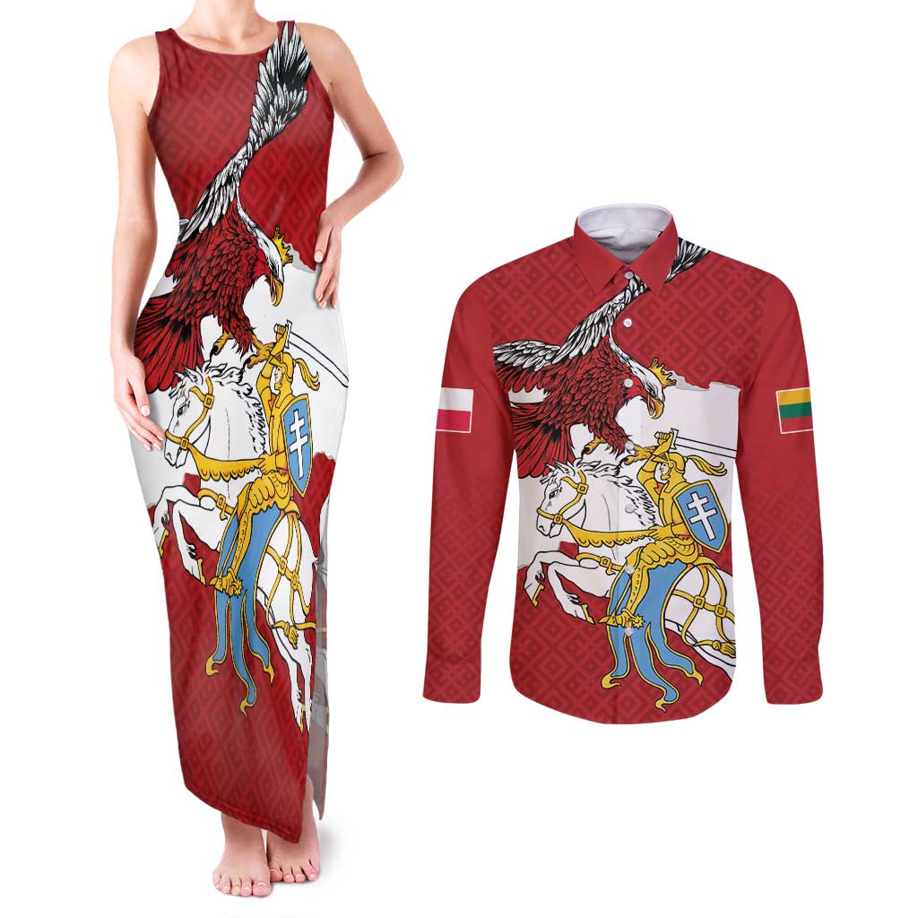 Poland-Lithuania Folk Patterns Couples Matching Tank Maxi Dress and Long Sleeve Button Shirt