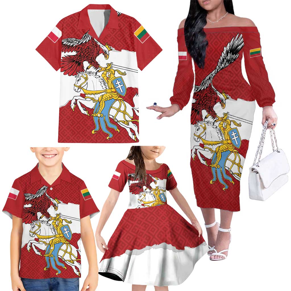 Poland-Lithuania Folk Patterns Family Matching Off The Shoulder Long Sleeve Dress and Hawaiian Shirt