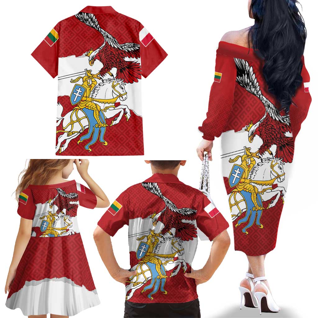 Poland-Lithuania Folk Patterns Family Matching Off The Shoulder Long Sleeve Dress and Hawaiian Shirt