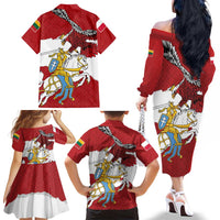 Poland-Lithuania Folk Patterns Family Matching Off The Shoulder Long Sleeve Dress and Hawaiian Shirt