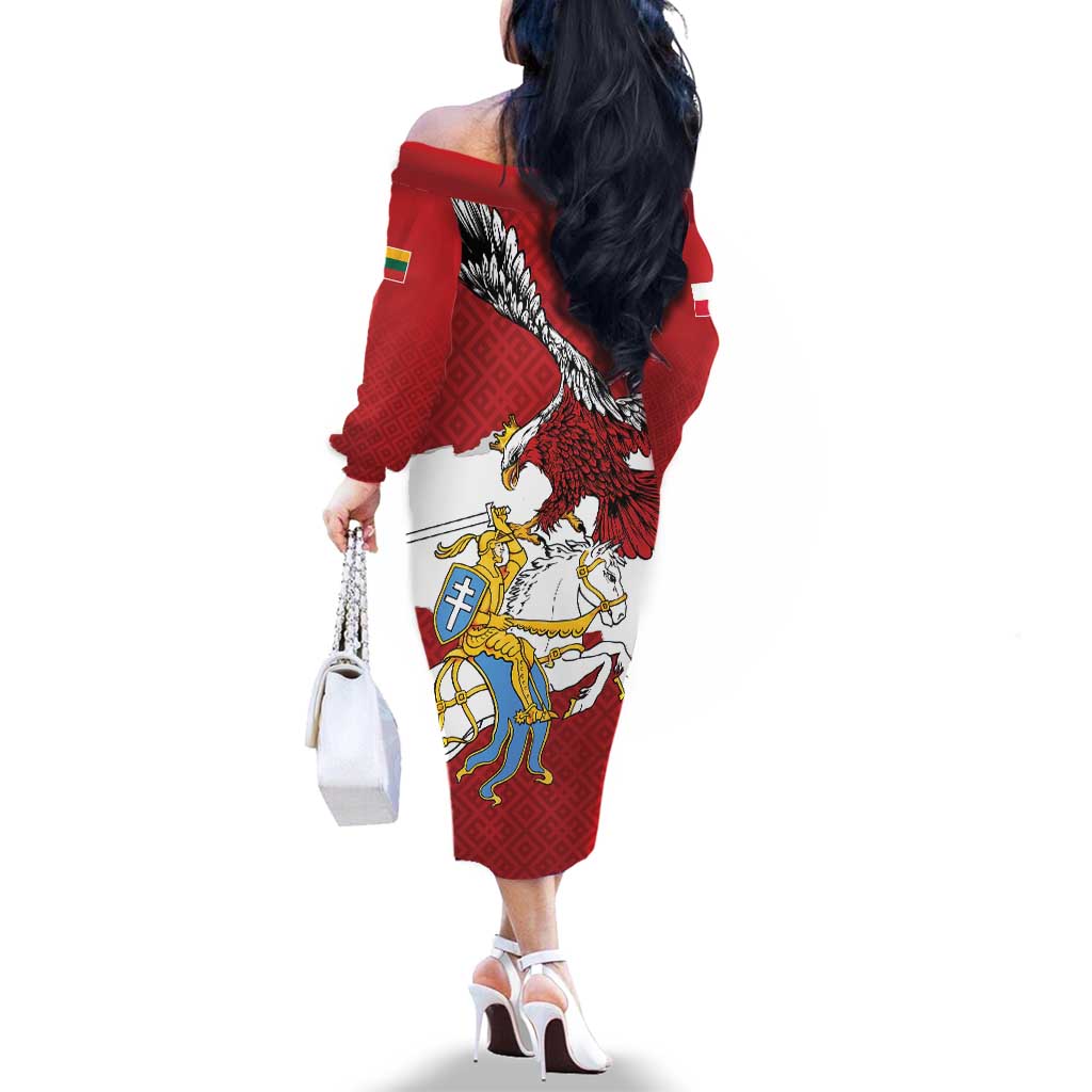 Poland-Lithuania Folk Patterns Family Matching Off The Shoulder Long Sleeve Dress and Hawaiian Shirt