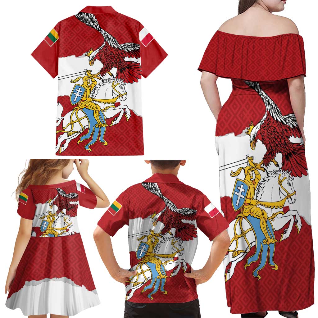 Poland-Lithuania Folk Patterns Family Matching Off Shoulder Maxi Dress and Hawaiian Shirt