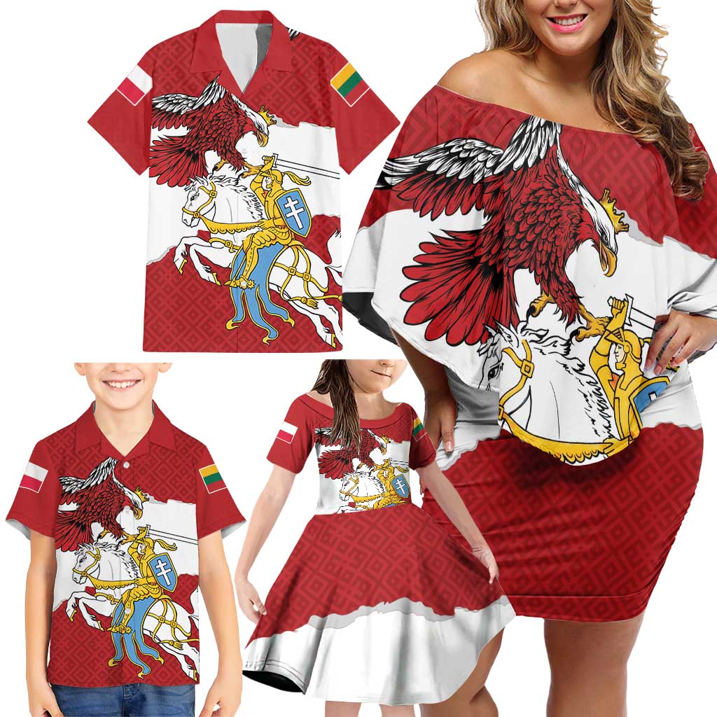 Poland-Lithuania Folk Patterns Family Matching Off Shoulder Short Dress and Hawaiian Shirt