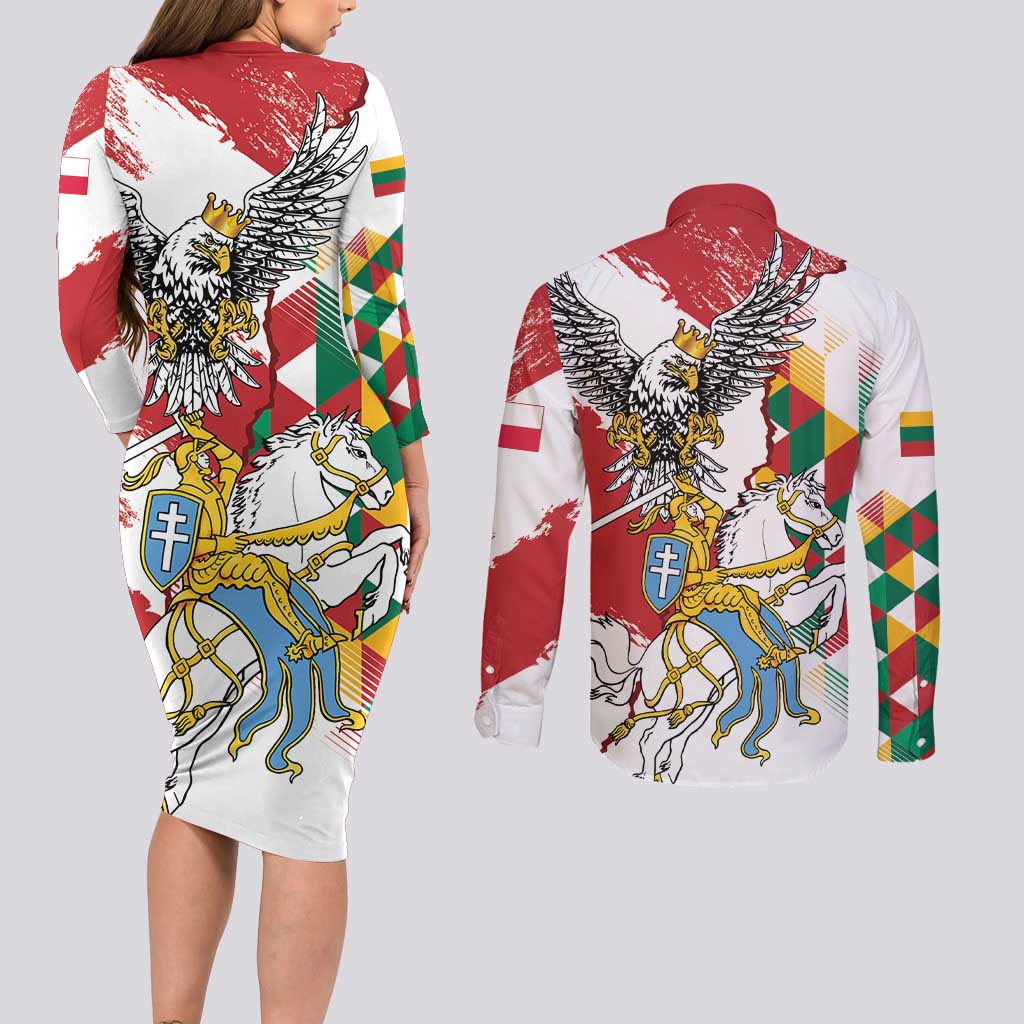 Poland-Lithuania Vytis and Royal Eagle Couples Matching Long Sleeve Bodycon Dress and Long Sleeve Button Shirt