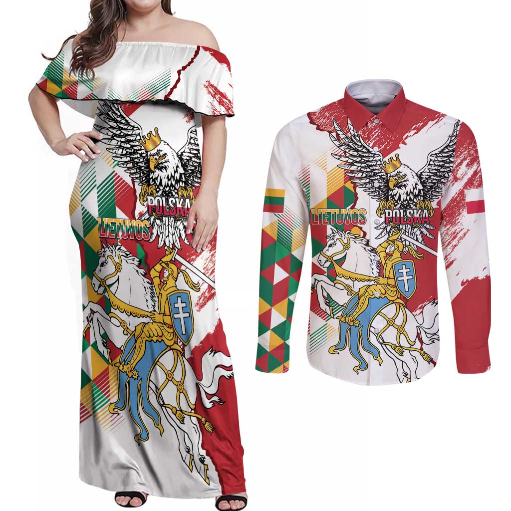 Poland-Lithuania Vytis and Royal Eagle Couples Matching Off Shoulder Maxi Dress and Long Sleeve Button Shirt