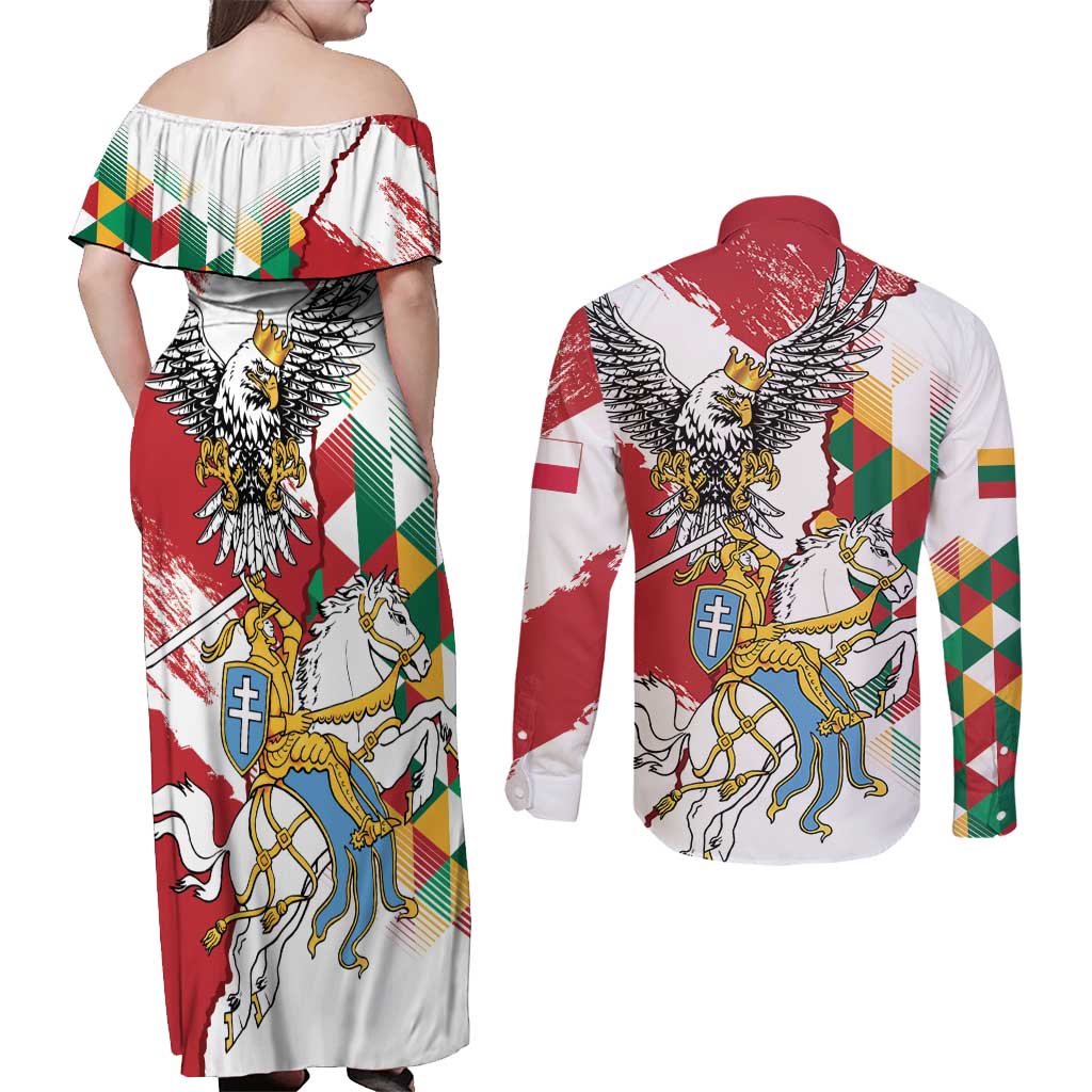 Poland-Lithuania Vytis and Royal Eagle Couples Matching Off Shoulder Maxi Dress and Long Sleeve Button Shirt