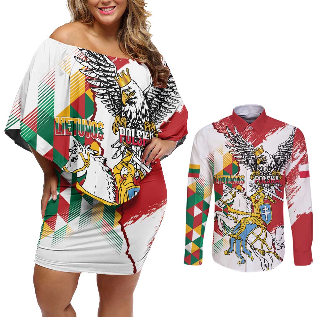 Poland-Lithuania Vytis and Royal Eagle Couples Matching Off Shoulder Short Dress and Long Sleeve Button Shirt