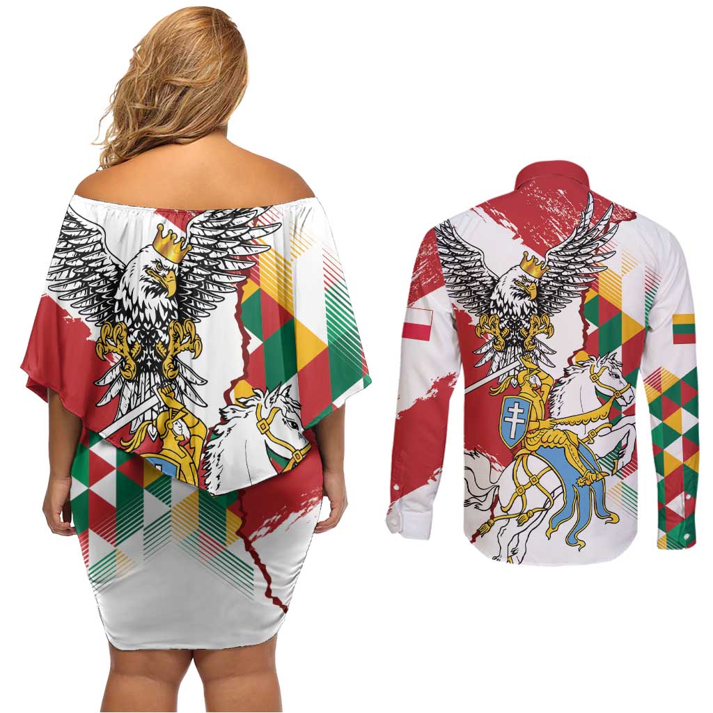 Poland-Lithuania Vytis and Royal Eagle Couples Matching Off Shoulder Short Dress and Long Sleeve Button Shirt