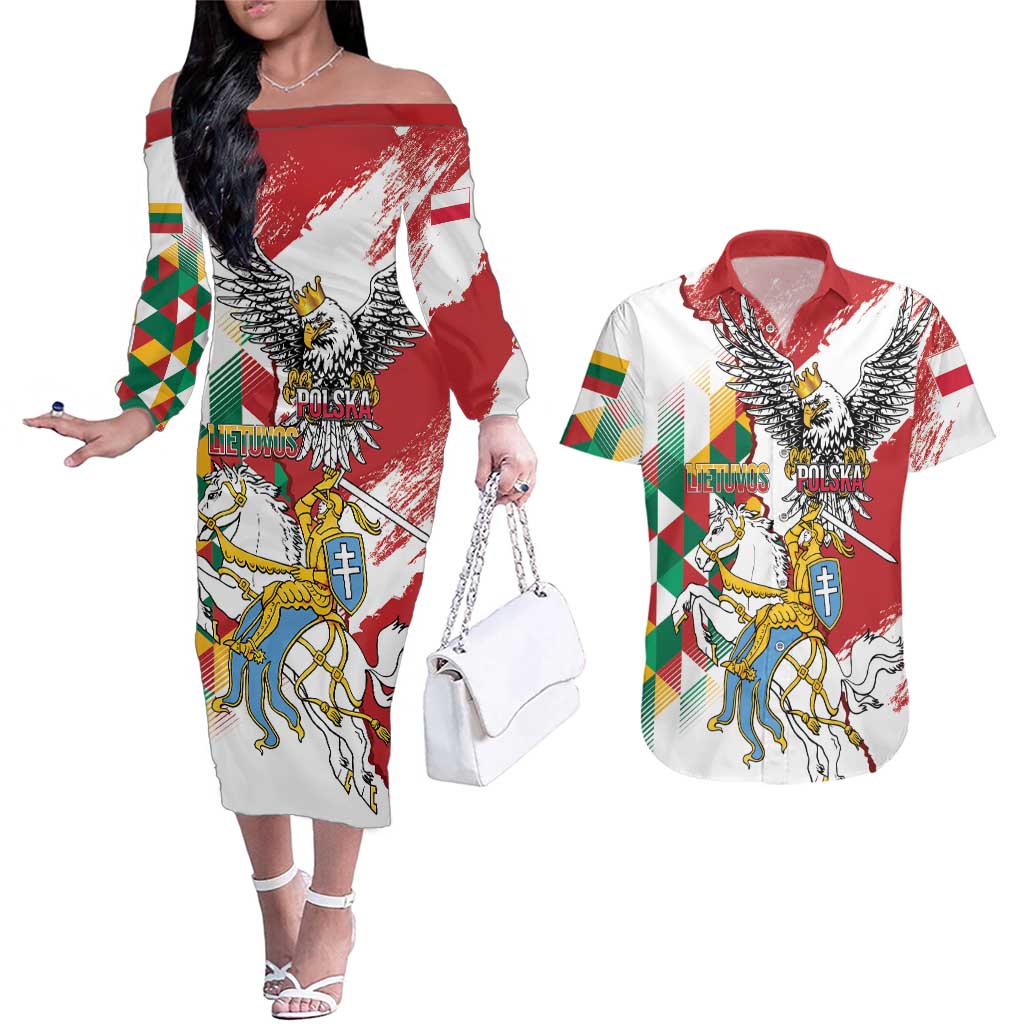 Poland-Lithuania Vytis and Royal Eagle Couples Matching Off The Shoulder Long Sleeve Dress and Hawaiian Shirt