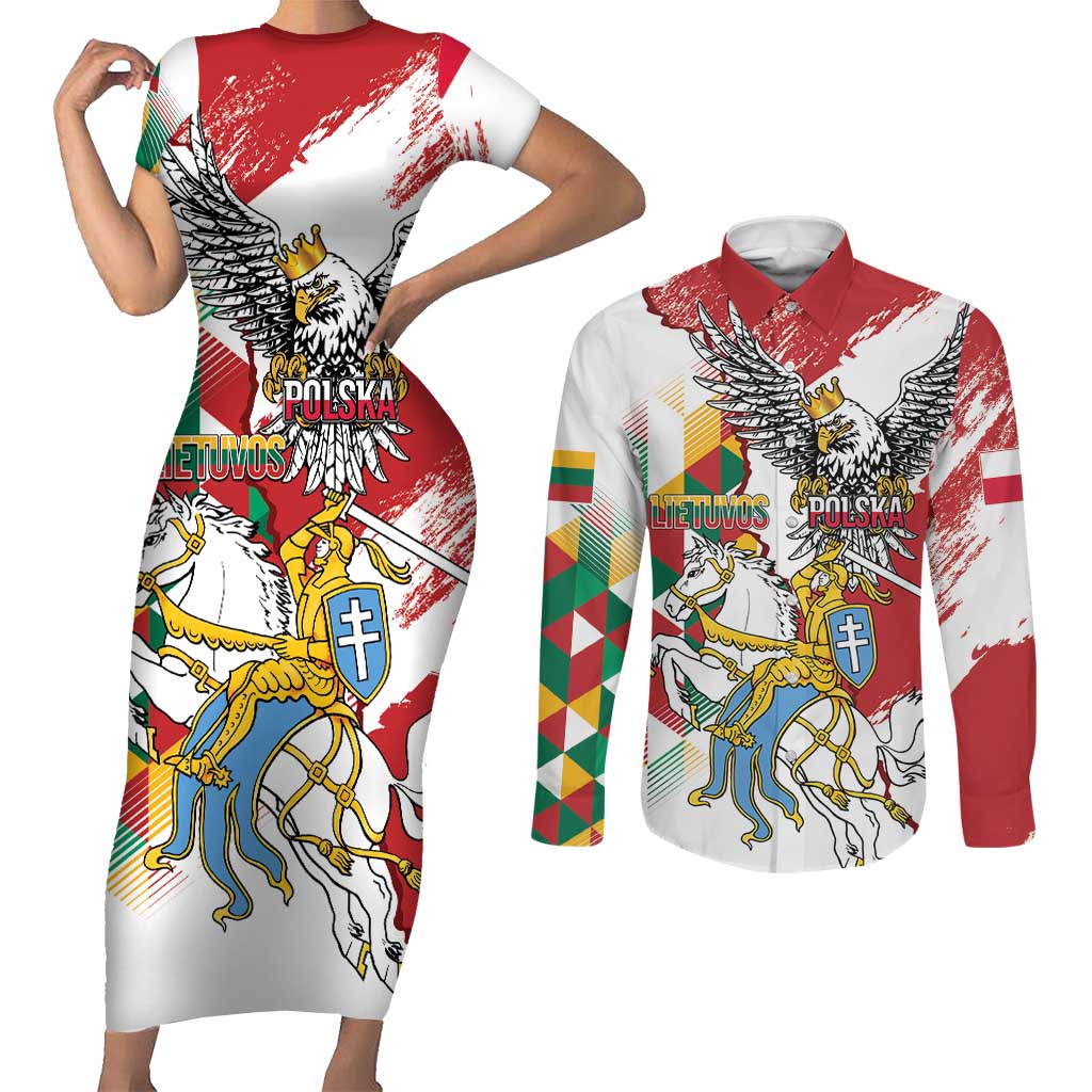 Poland-Lithuania Vytis and Royal Eagle Couples Matching Short Sleeve Bodycon Dress and Long Sleeve Button Shirt