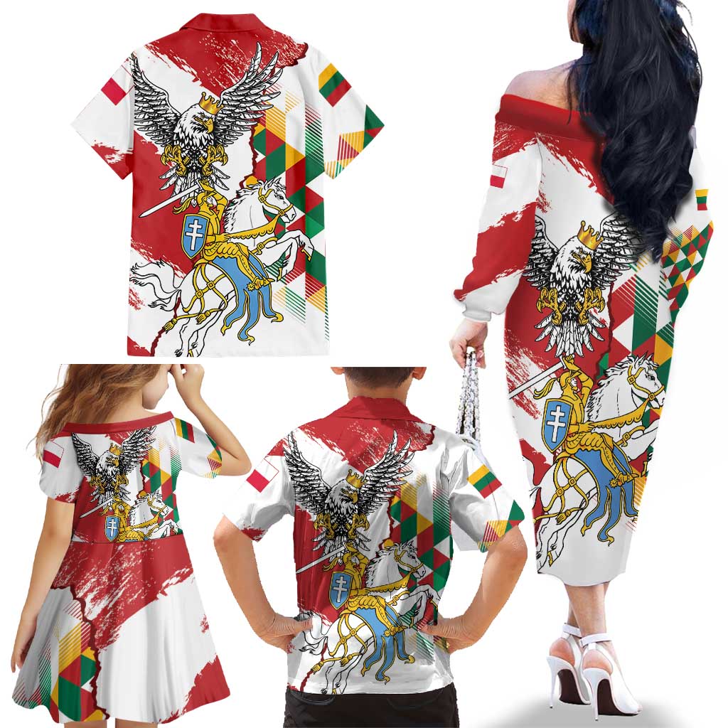 Poland-Lithuania Vytis and Royal Eagle Family Matching Off The Shoulder Long Sleeve Dress and Hawaiian Shirt