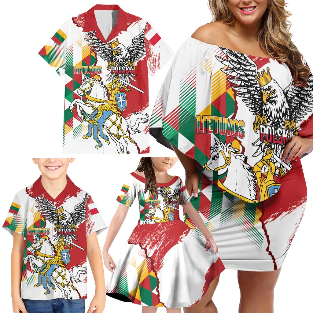 Poland-Lithuania Vytis and Royal Eagle Family Matching Off Shoulder Short Dress and Hawaiian Shirt