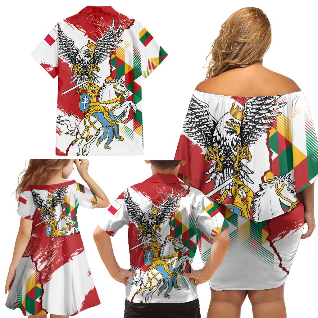 Poland-Lithuania Vytis and Royal Eagle Family Matching Off Shoulder Short Dress and Hawaiian Shirt