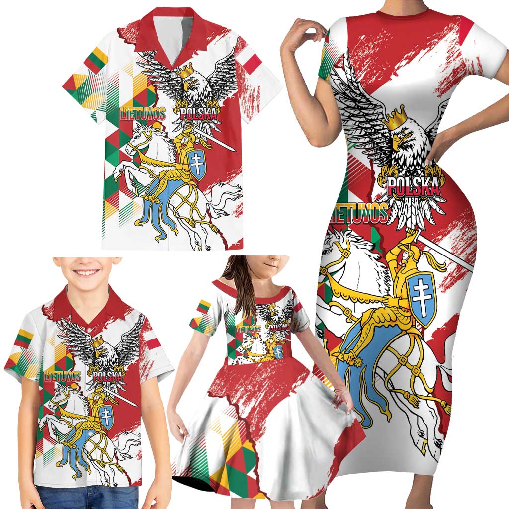 Poland-Lithuania Vytis and Royal Eagle Family Matching Short Sleeve Bodycon Dress and Hawaiian Shirt