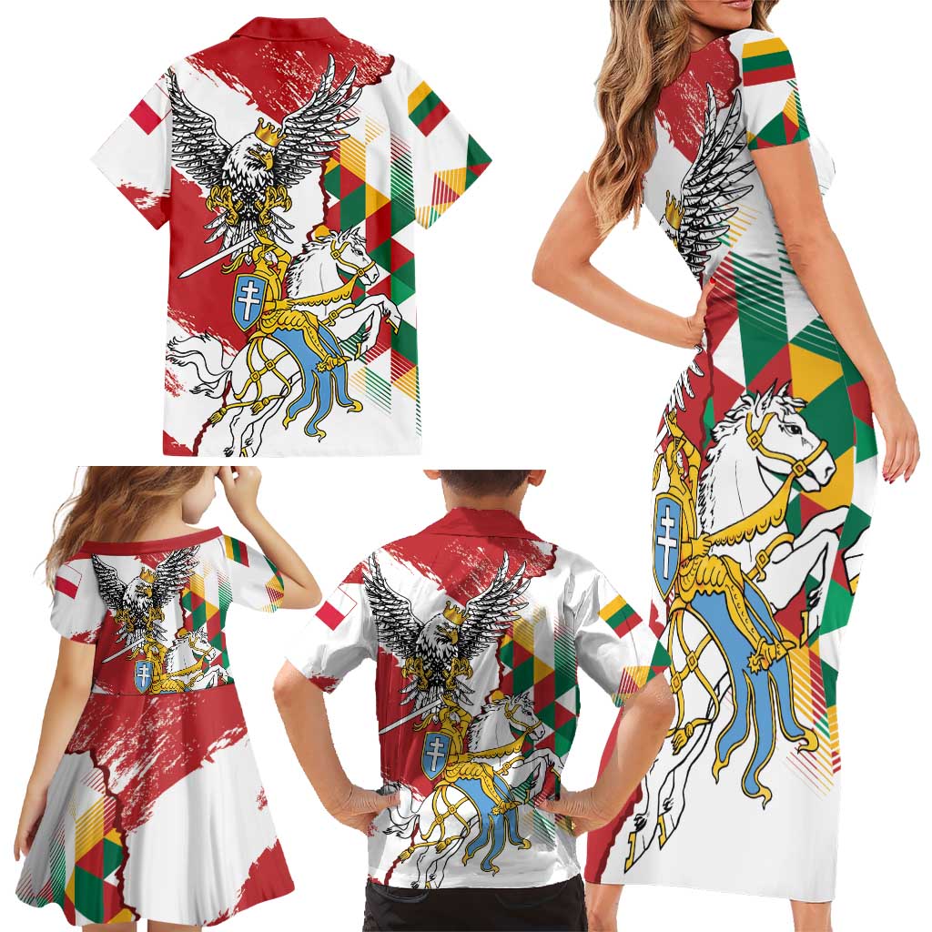 Poland-Lithuania Vytis and Royal Eagle Family Matching Short Sleeve Bodycon Dress and Hawaiian Shirt