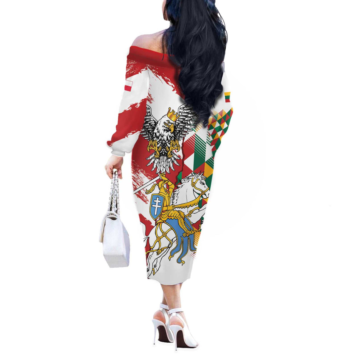 Poland-Lithuania Vytis and Royal Eagle Off The Shoulder Long Sleeve Dress