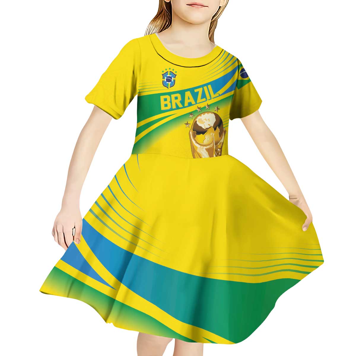 Brazil WC2026 Personalized Kid Short Sleeve Dress Pentacampeón Canaries