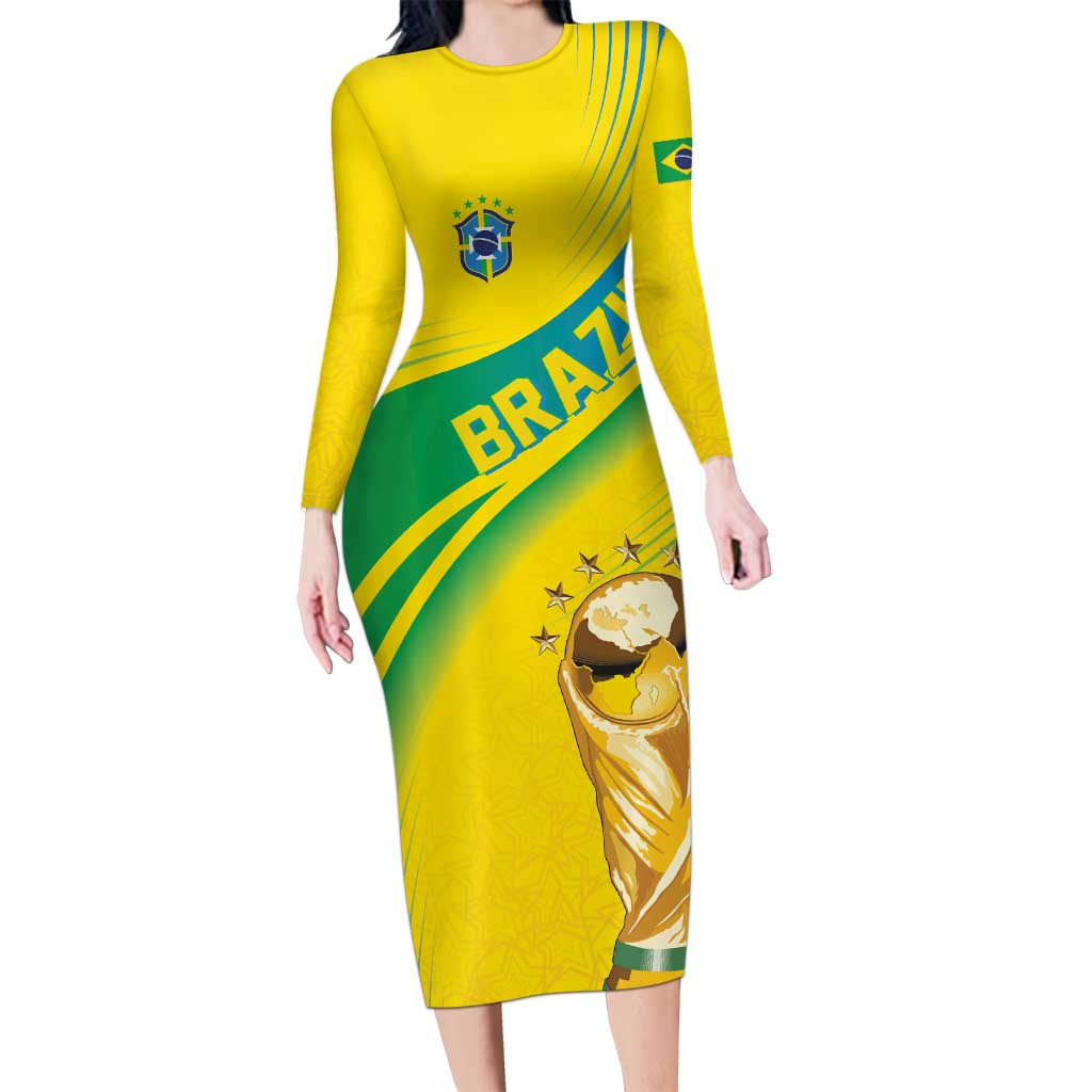 Brazil WC2026 Personalized Long Sleeve Bodycon Dress Pentacampeón Canaries