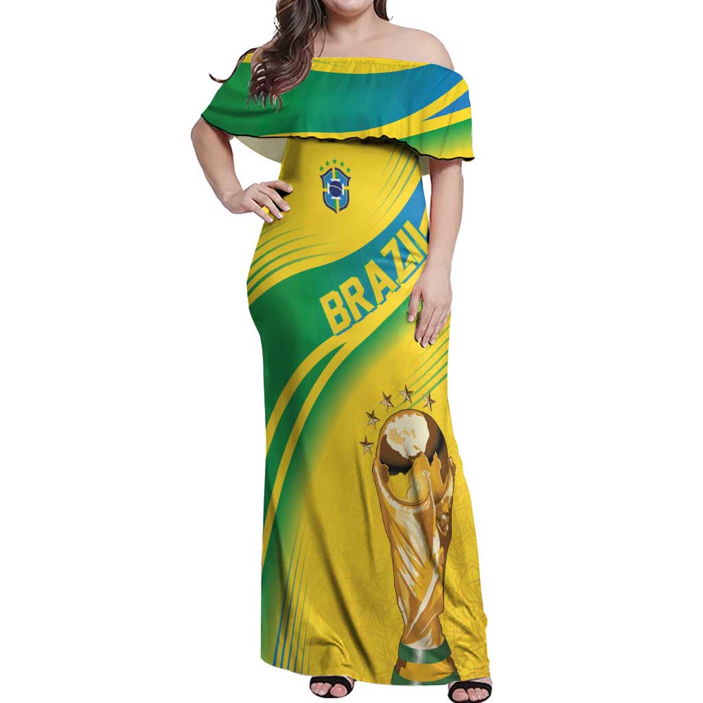 Brazil WC2026 Personalized Off Shoulder Maxi Dress Pentacampeón Canaries
